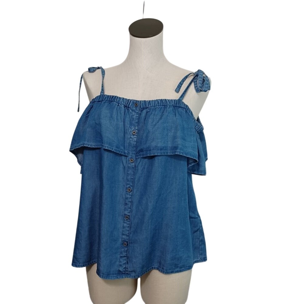 Lucky Brand Top Womens Medium Blue Chambray Off Shoulder Western Ruffle Festival